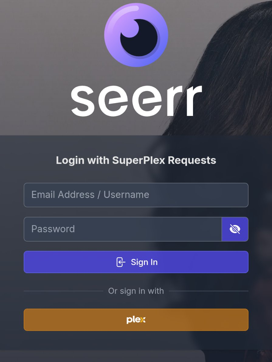Seerr login screen
